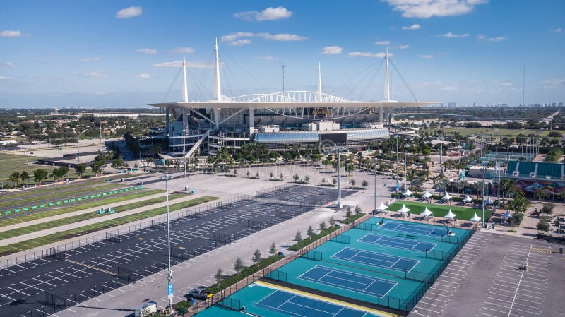 Aerial view, drone photography of Hard Rock Stadium of the Miami Dolphins. Aerial View on Hard Rock Stadium Super Bowl LIV. Stadiu royalty free stock image