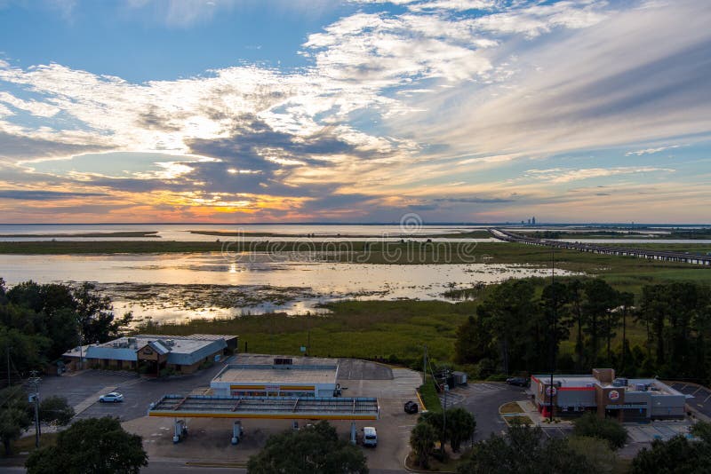 Aerial View of the Eastern Shore of Mobile Bay at Sunset in Daphne