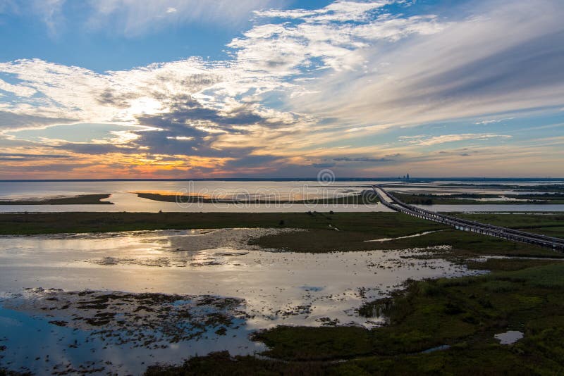 Aerial View of the Eastern Shore of Mobile Bay at Sunset in Daphne, Alabama Stock Image Image
