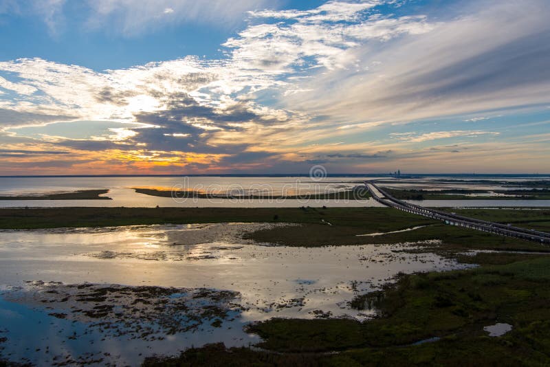 Aerial View of the Eastern Shore of Mobile Bay at Sunset in Daphne