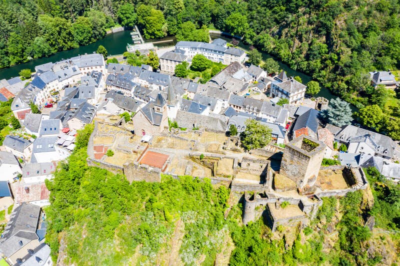 Aerial view of Esch-sur-Sure, medieval town in Luxembourg, dominated by castle, canton Wiltz in Diekirch.