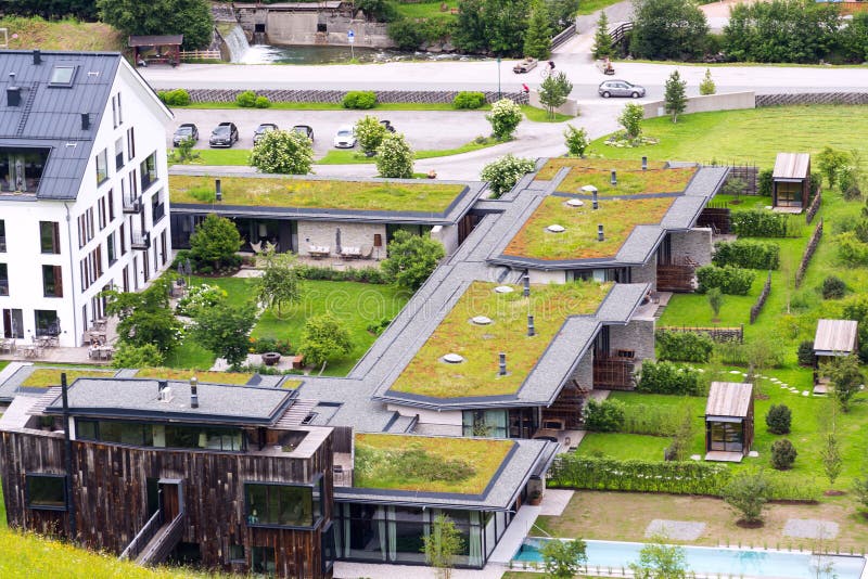 Aerial view of extensive green living sod roofs with vegetation