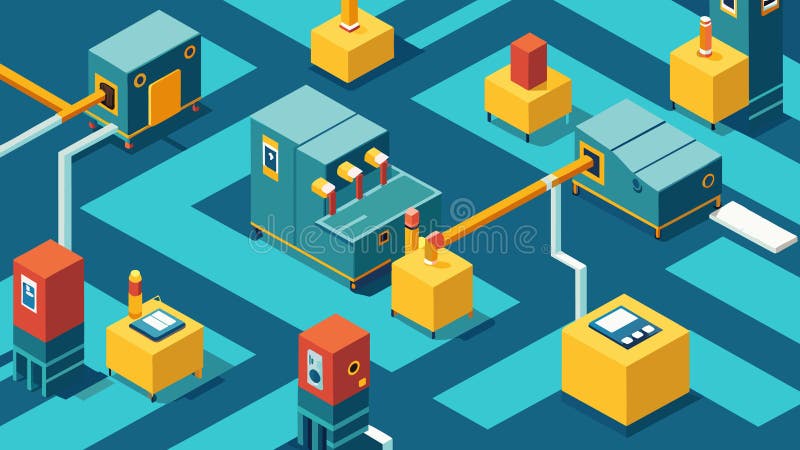 An aerial view of a factory floor where rows of machines equipped with powerful communication abilities work royalty free illustration