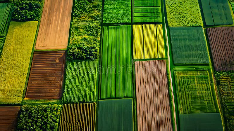 Aerial view of a field of green and yellow fields stock image