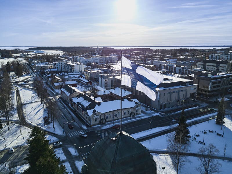 Aerial view of Finnish flag on the tower of Town Hall