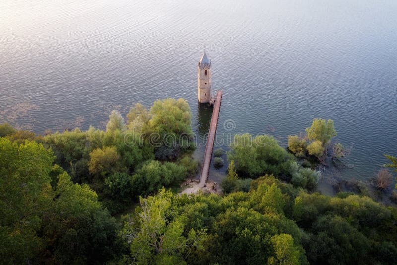 Aerial view of The fish cathedral. Sunken church ruins located in the Ebro reservoir in Cantabria, in the north of Spain. High quality photo royalty free stock photos Aerial view of The fish cathedral. Sunken church ruins located in the Ebro reservoir in Cantabria, in the north of Spain. High quality photo royalty free stock photos