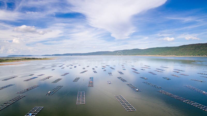Aerial view ,fish coop, Fish cages ,Khonkean, Thailand. stock images