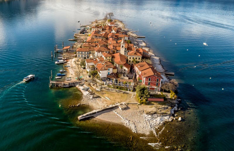 Aerial view of Fishermens Island or Isola dei Pescatori at Lake Maggiore, is one of the Borromean Islands of north Italy stock photography Aerial view of Fishermens Island or Isola dei Pescatori at Lake Maggiore, is one of the Borromean Islands of north Italy stock photography
