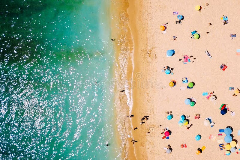 Aerial View From Flying Drone Of People Crowd Relaxing On Beach