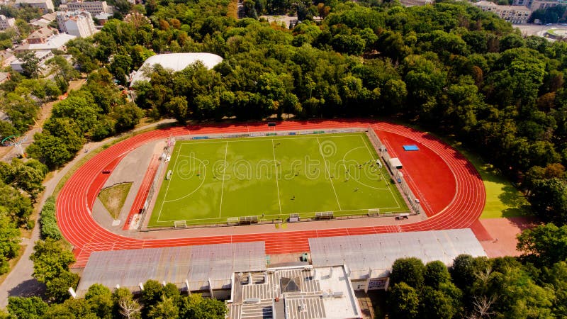 Aerial View Of The Football Field. Stock Photo - Image of goal, grass