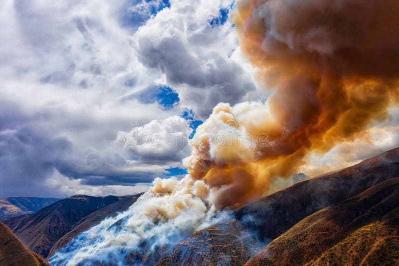 Aerial View of a Forest Fire in the Peruvian Andes Near Cusco Stock