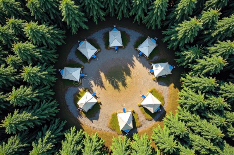 Aerial view of forest glamping site with tents in circular formation stock image