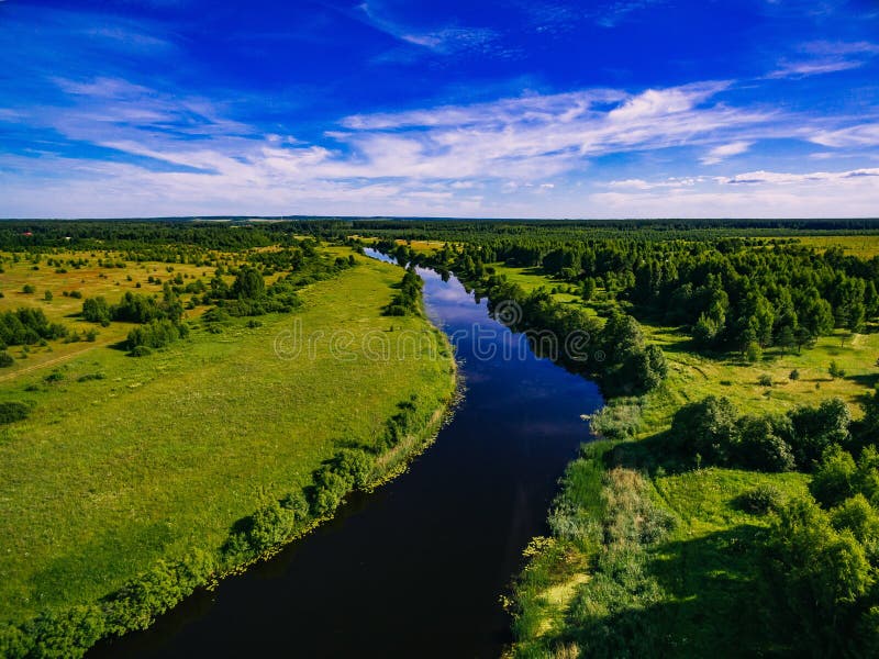 Aerial view of the forest river in summer landscape royalty free stock image