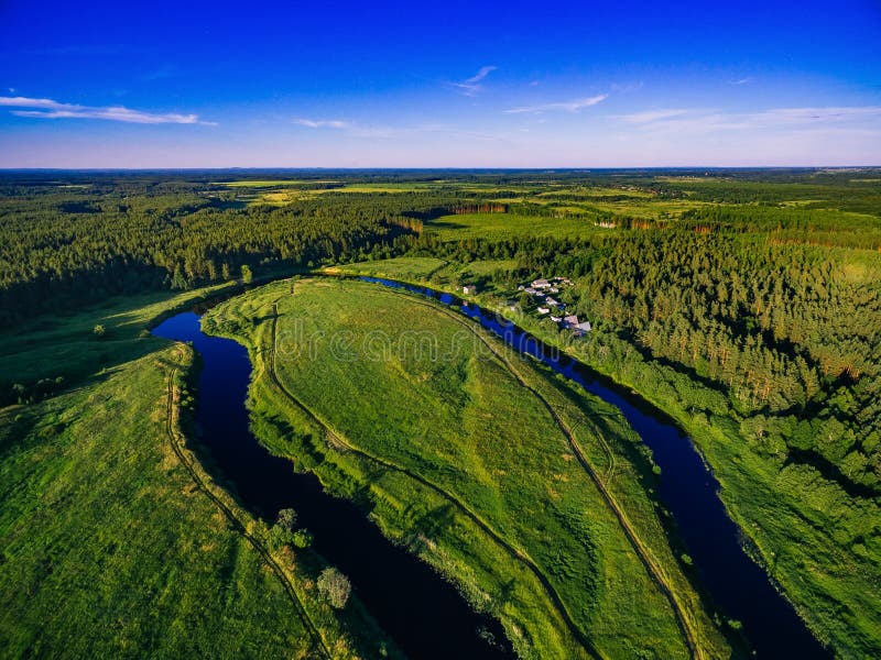 Aerial view of the forest river in summer landscape royalty free stock photo
