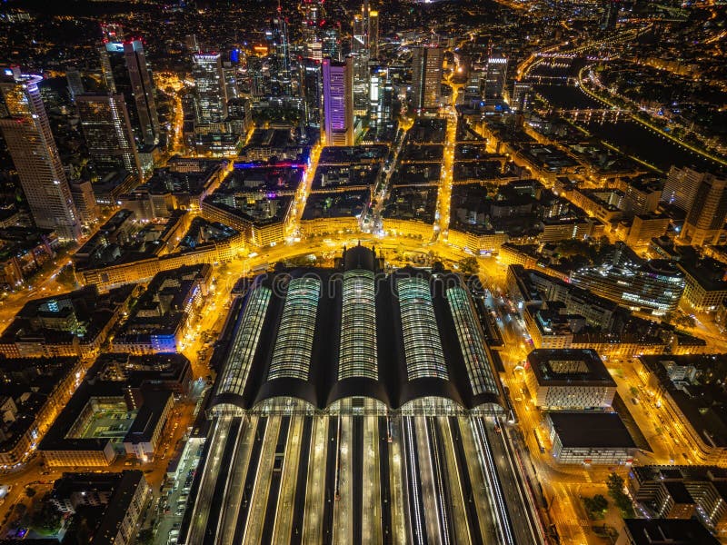 Aerial view of Frankfurt station at night royalty free stock image