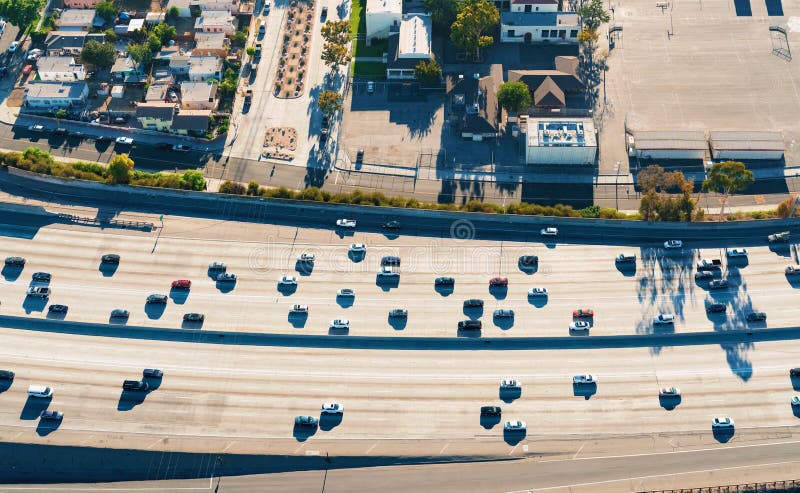 Aerial view of a freeway intersection in Los Angeles stock photo