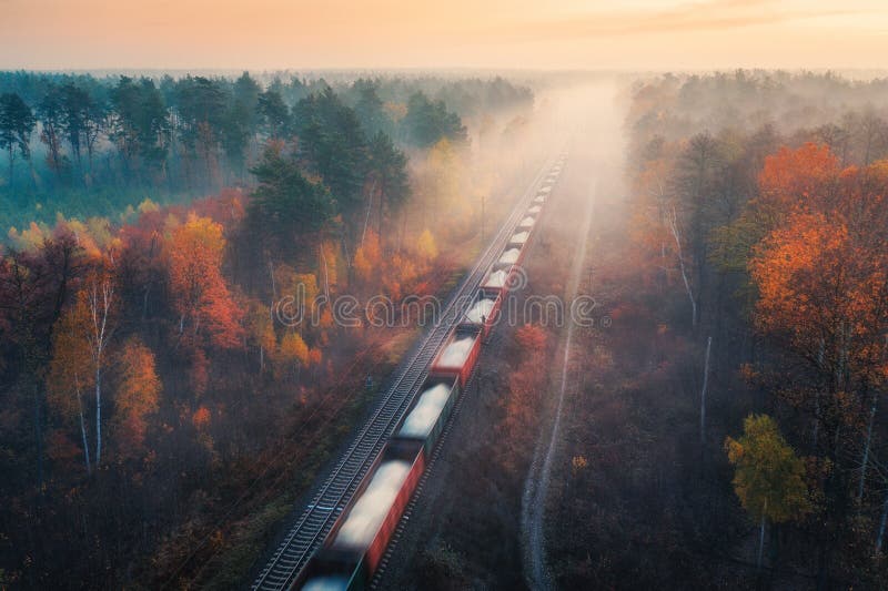 Vista aerea da carico il treno bellissimo foresta nebbia sul alba autunno.