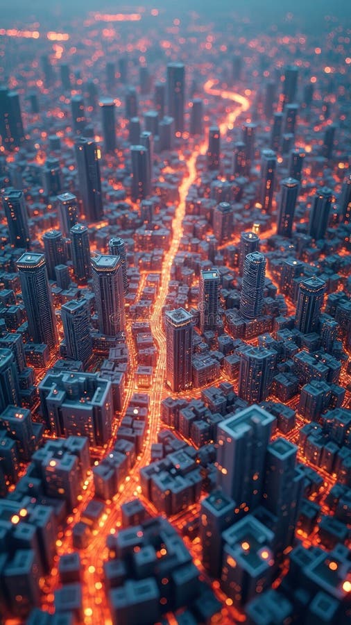 Aerial view of futuristic cityscape with illuminated streets at twilight stock photos
