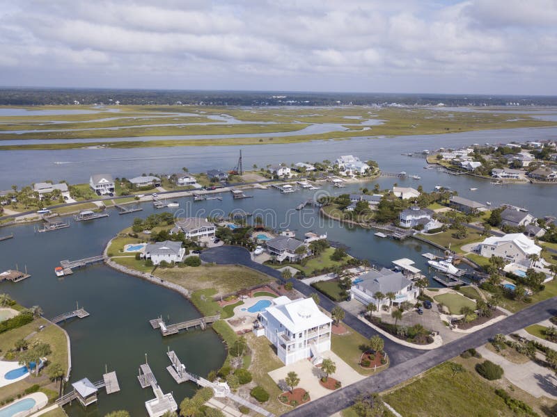 Aerial view of Garden City Beach in South Carolina with Murrells Inlet in background