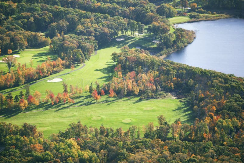 Aerial view of golf course in autumn stock image