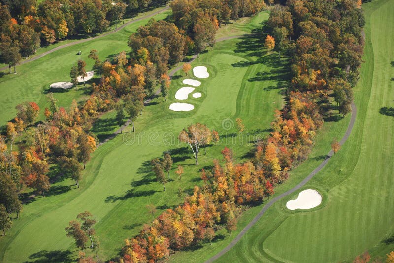 Aerial view of golf course in autumn royalty free stock photo