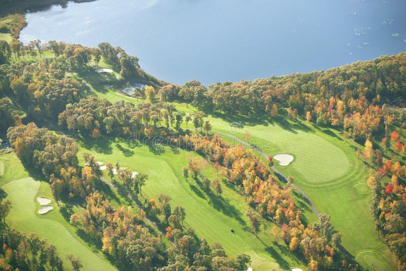 Aerial view of golf course in autumn stock image