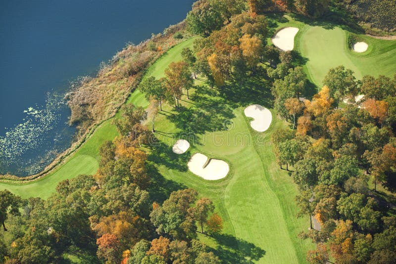 Aerial view of golf course in autumn stock image