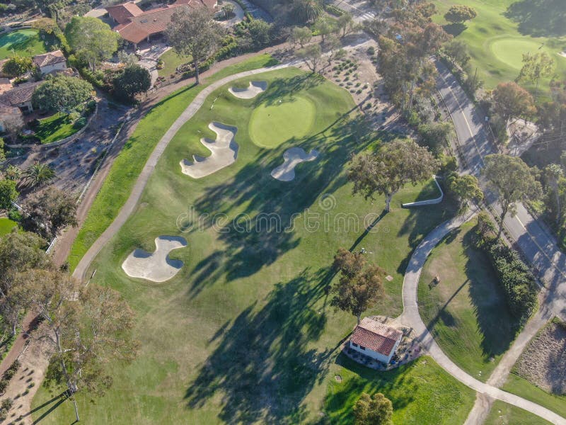 Aerial View Of Green Golf Course In Valley. California. USA Stock Photo