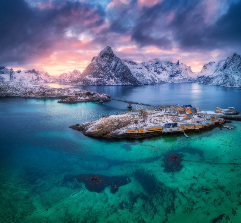 Aerial view of Hamnoy at dramatic sunset in winter in Norway