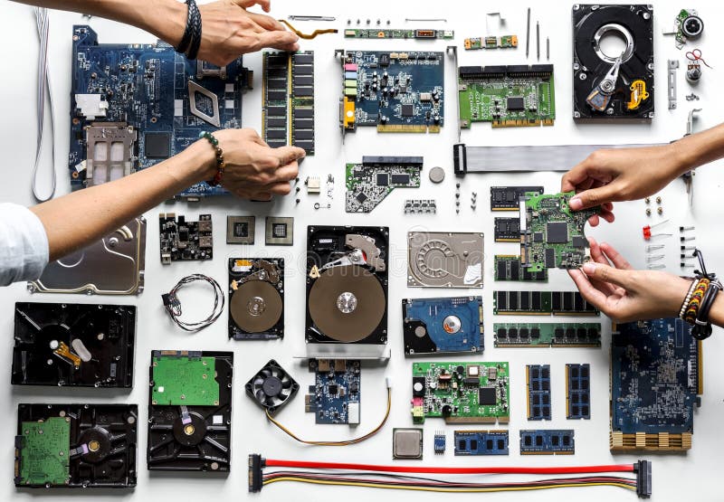 Aerial view of hands with computer electronics parts on white background royalty free stock image Aerial view of hands with computer electronics parts on white background royalty free stock image
