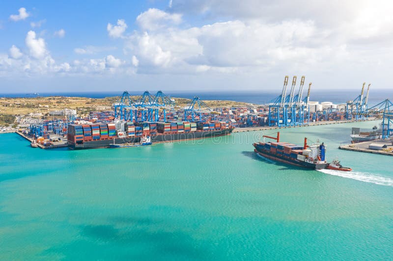 Aerial View from the Height of a Cargo Harbor in a Cargo Seaport, a