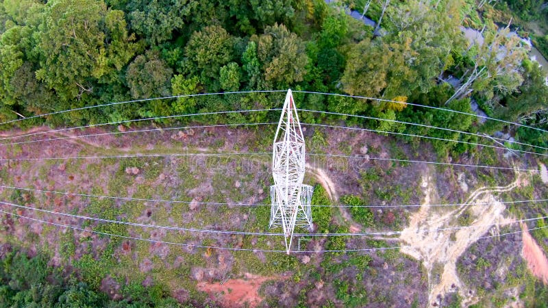 Aerial view of high voltage pylons and power lines stock image