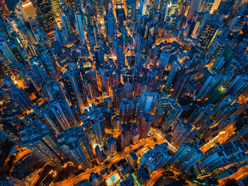 Aerial view of Hong Kong Downtown. Financial district and business centers in smart city, technology concept. Top view