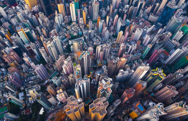 Aerial view of Hong Kong Downtown. Financial district and business centers in smart city in Asia. Top view of skyscraper and high