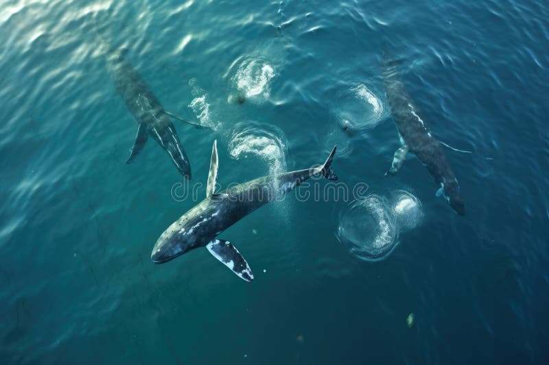 Aerial view of humpback whales creating bubble net stock photography