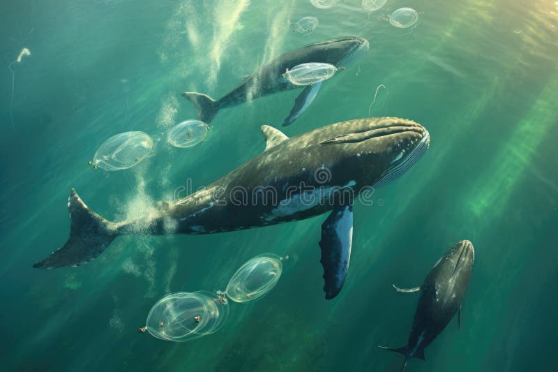 Aerial view of humpback whales creating bubble net vector illustration
