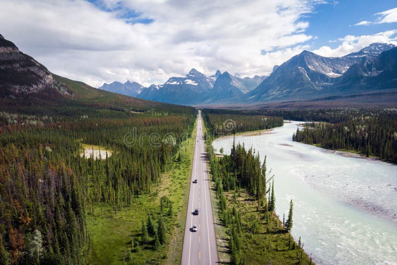 Aerial View of Icefields Parkway Route Between Banff and Jasper in Alberta, Canada