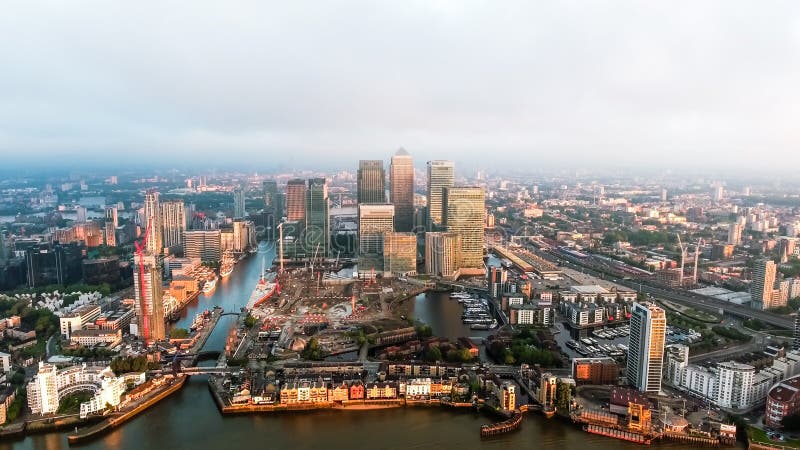 Aerial View Of Iconic Canary Wharf Financial District Skyscrapers In London stock images Aerial View Of Iconic Canary Wharf Financial District Skyscrapers In London stock images