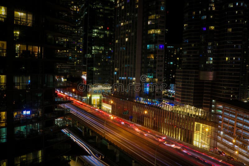 Aerial View of Illuminated Car Light Trails on the Gardiner Expressway ...