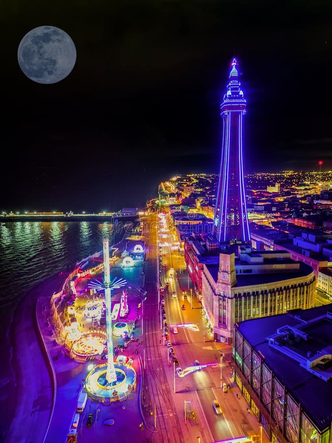 An Aerial View of the Illuminations at Blackpool Under a Full Moon in