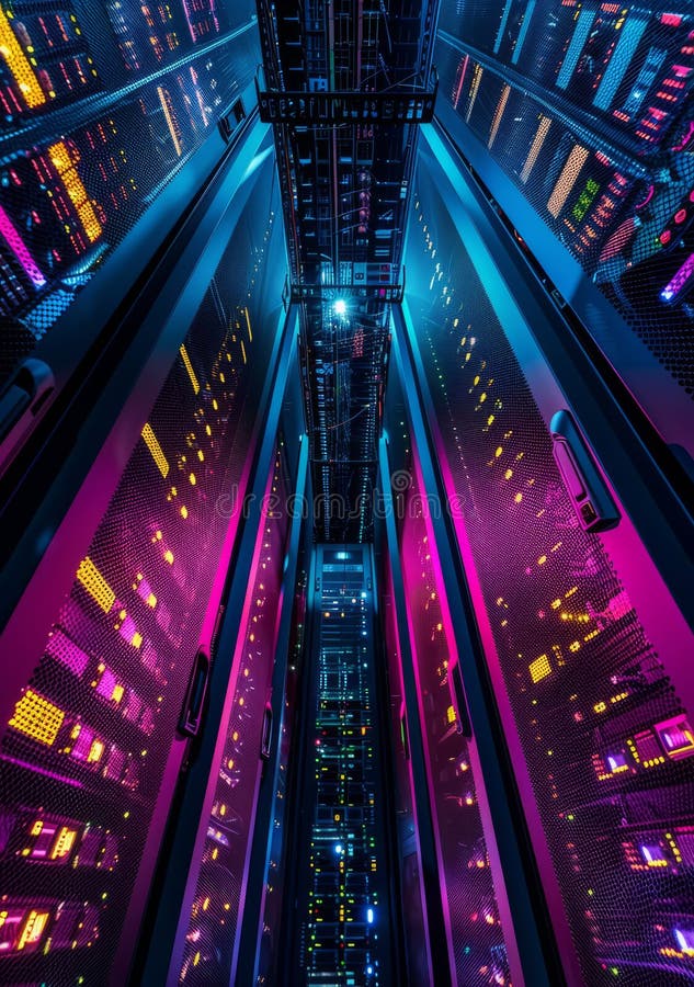 An aerial view of interconnected computers in a server room, symbolizing a secure and efficient document management stock photos