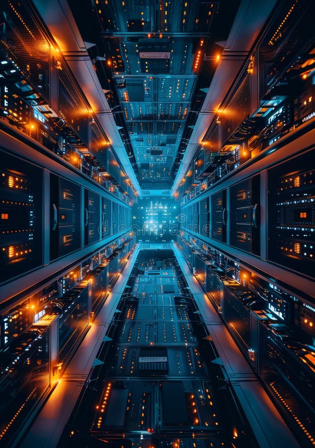 An aerial view of interconnected computers in a server room, symbolizing a secure and efficient document management royalty free stock photos