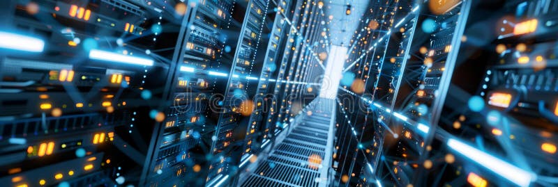 An aerial view of interconnected computers in a server room, symbolizing a secure and efficient document management royalty free stock photo
