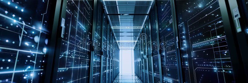 An aerial view of interconnected computers in a server room, symbolizing a secure and efficient document management royalty free stock image