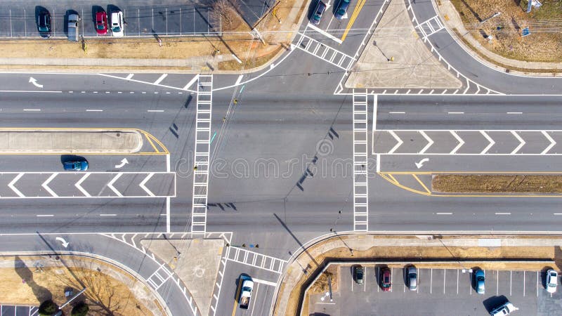 Aerial view of an intersection with vehicles royalty free stock photos