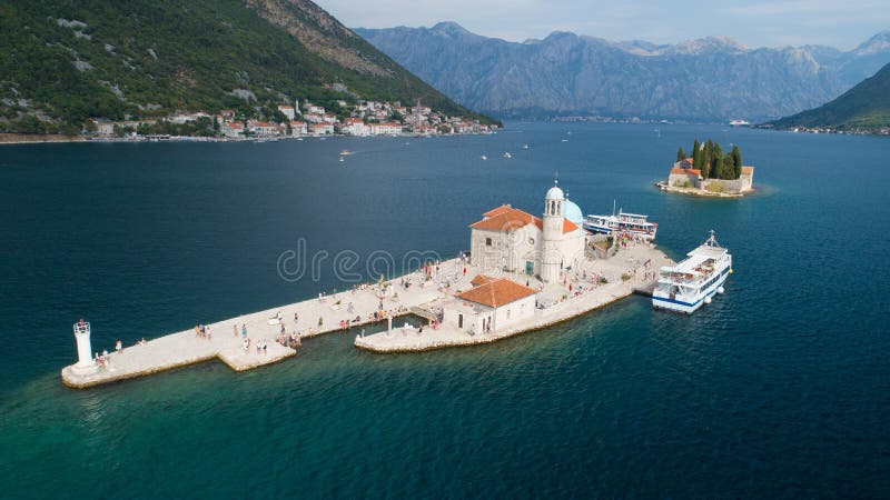 Aerial view of the island of Gospa od Skrpjela, Montenegro.