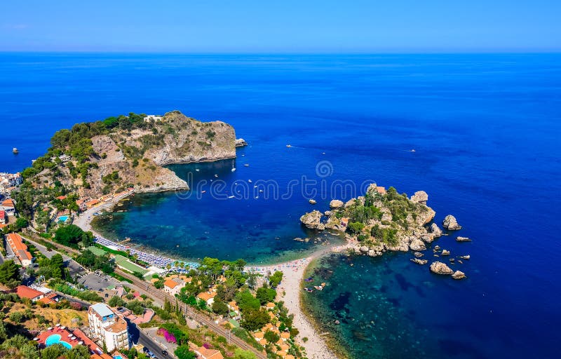 Aerial view of Isola Bella beach coast in Taormina, Sicily