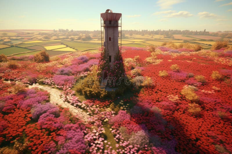 Aerial view of an isolated tower surrounded by stock illustration