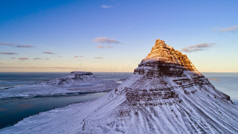 Aerial view of Kirkjufell mountain in winter, Iceland. stock images Aerial view of Kirkjufell mountain in winter, Iceland. stock images