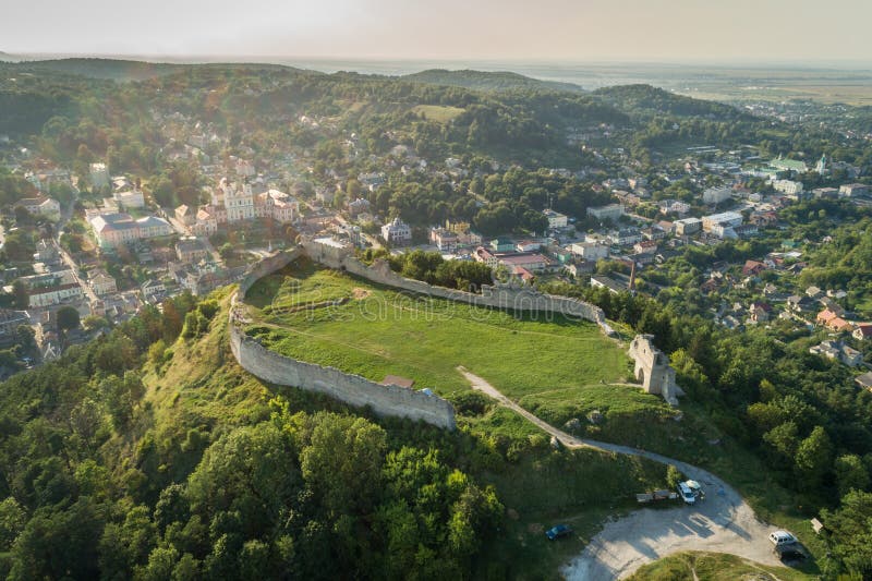 Aerial view of Kremenets castle ruins located on top of a hill in Kremenets town, Ternopil region, Ukraine